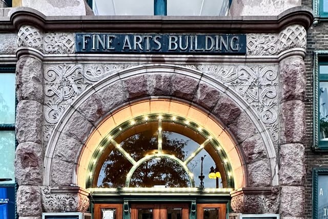 Main doorway to the Fine Arts Building, virtually untouched as designed by Solon Spencer Beman, Circa 1885.